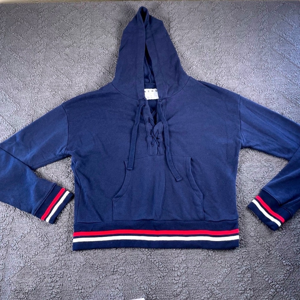 Aeropostale Y2K Women's Medium Navy Blue Lace Up Hoodie Sweatshirt Striped Trim